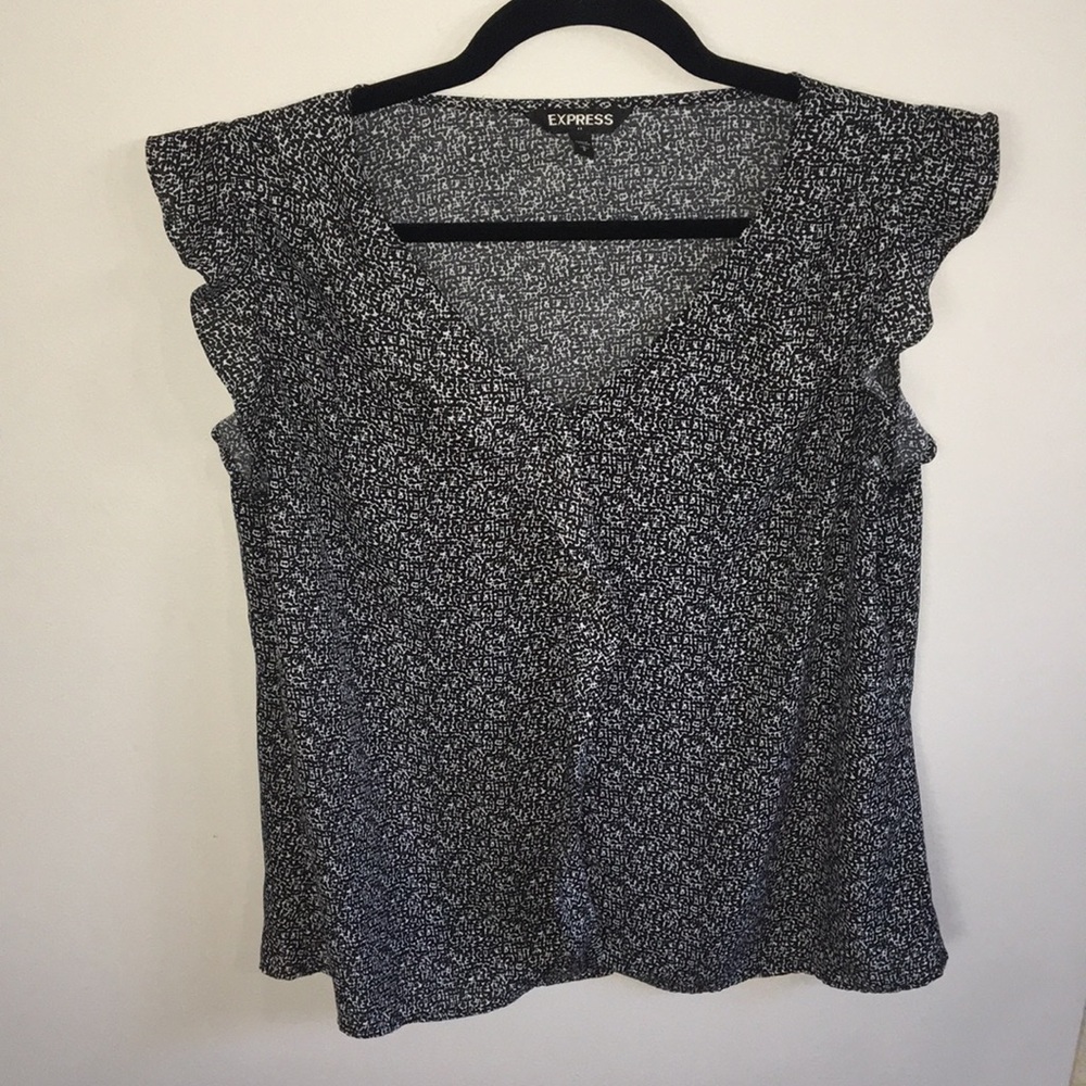 Express Black & White V-neck Ruffle Blouse